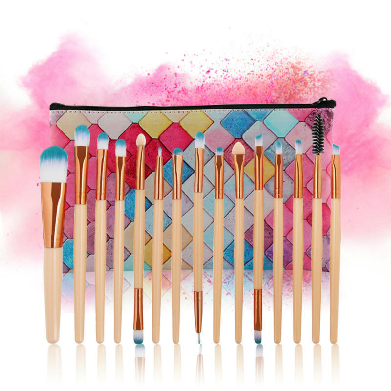 HKM-197779 Champagne Makeup Brush Set - 15 Packs, Rayon Brushes with Plastic Handles