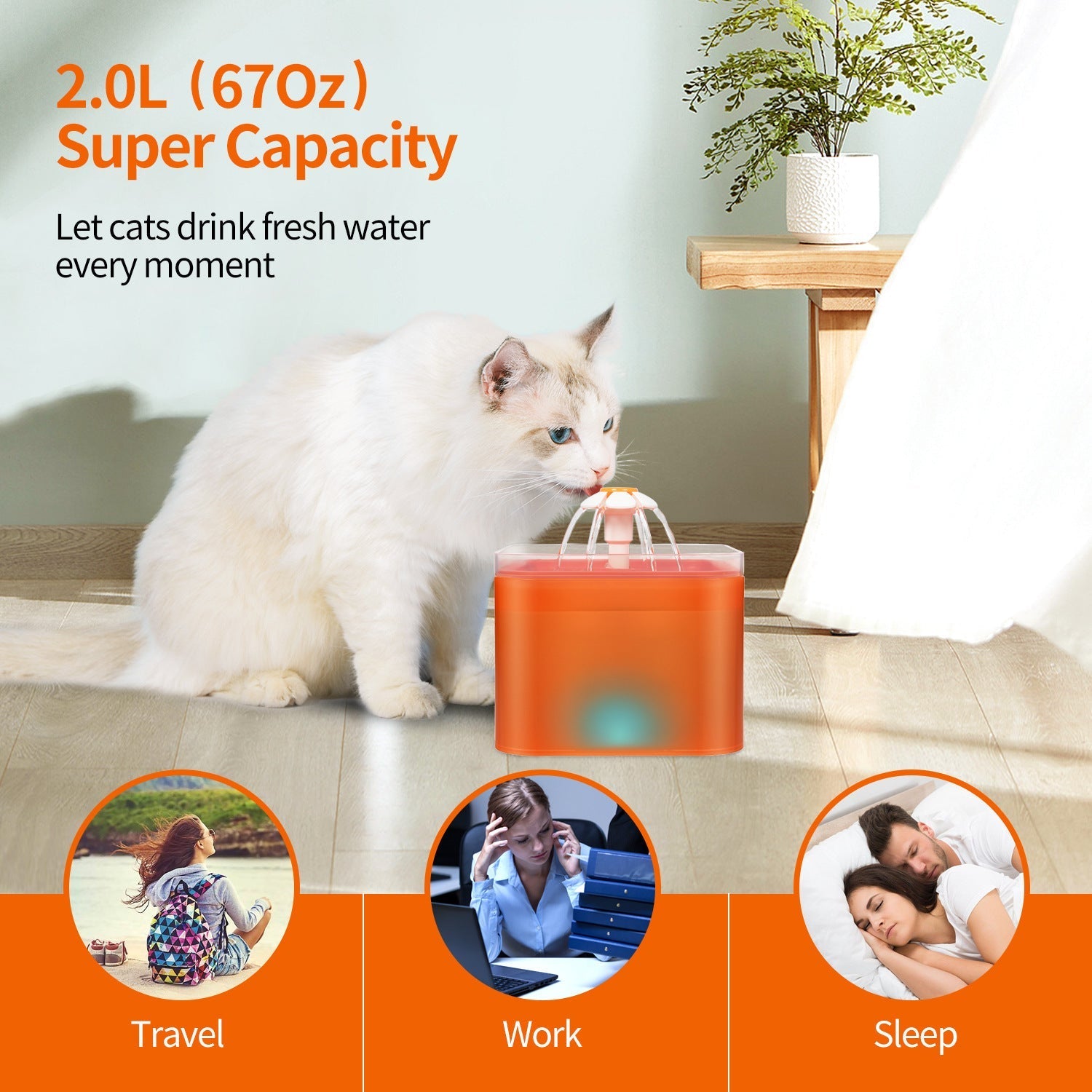 JMT-772042 Automatic Circulating Cat Water Dispenser with LED Light Indicator - 2L Capacity, 5V Power Supply, and 1.8M Cable