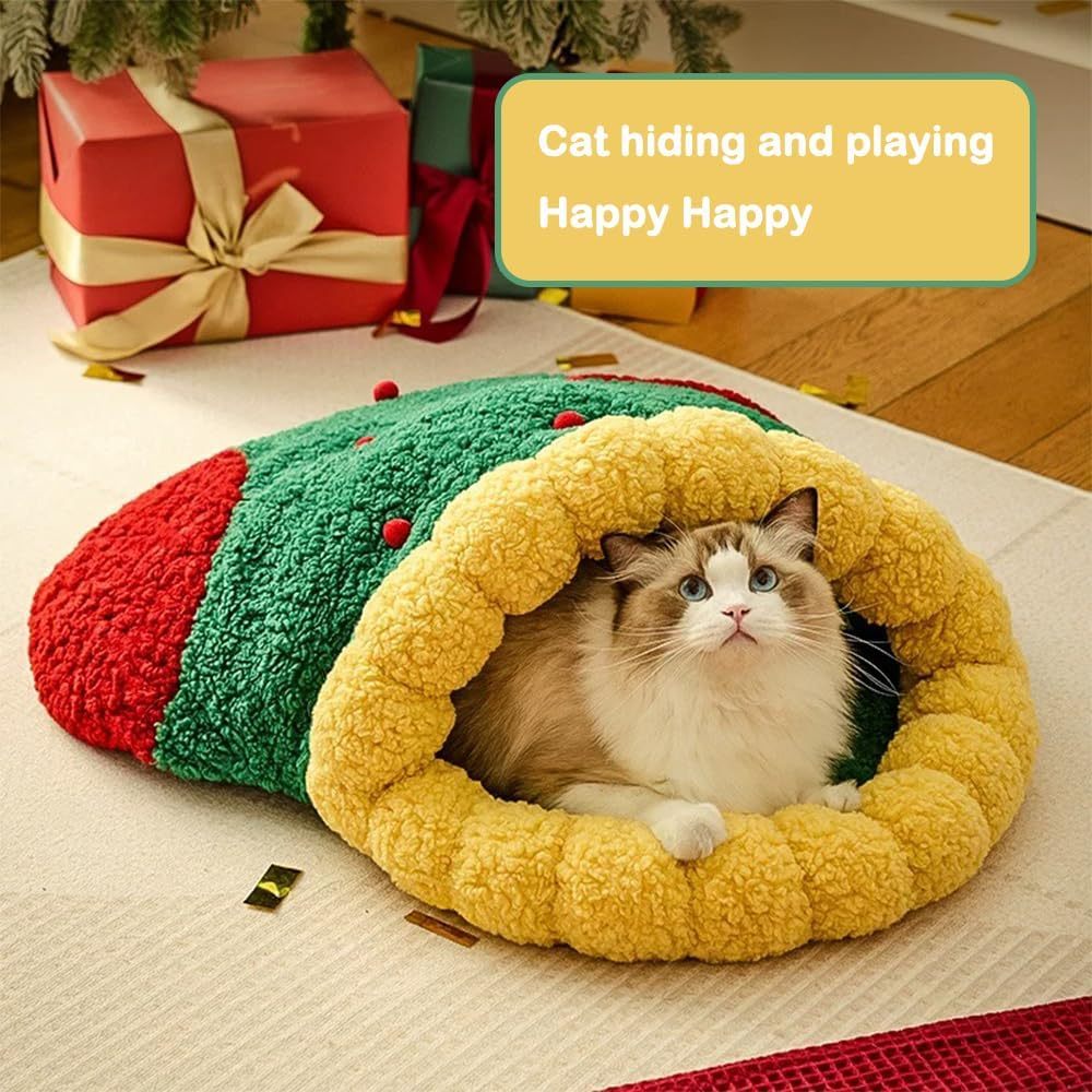 HKM-646099 Christmas Sock Shaped Cat Bed and Semi-Enclosed Sleeping Bag for Cats and Small Dogs