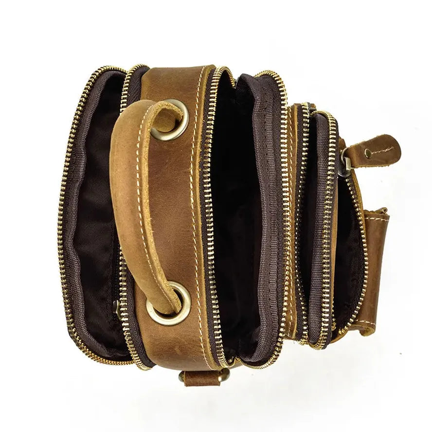 KTX-217875 Retro Crazy Horse Leather Waist Bag for Men - Waterproof Messenger Shoulder Bag in Light/Dark Brown