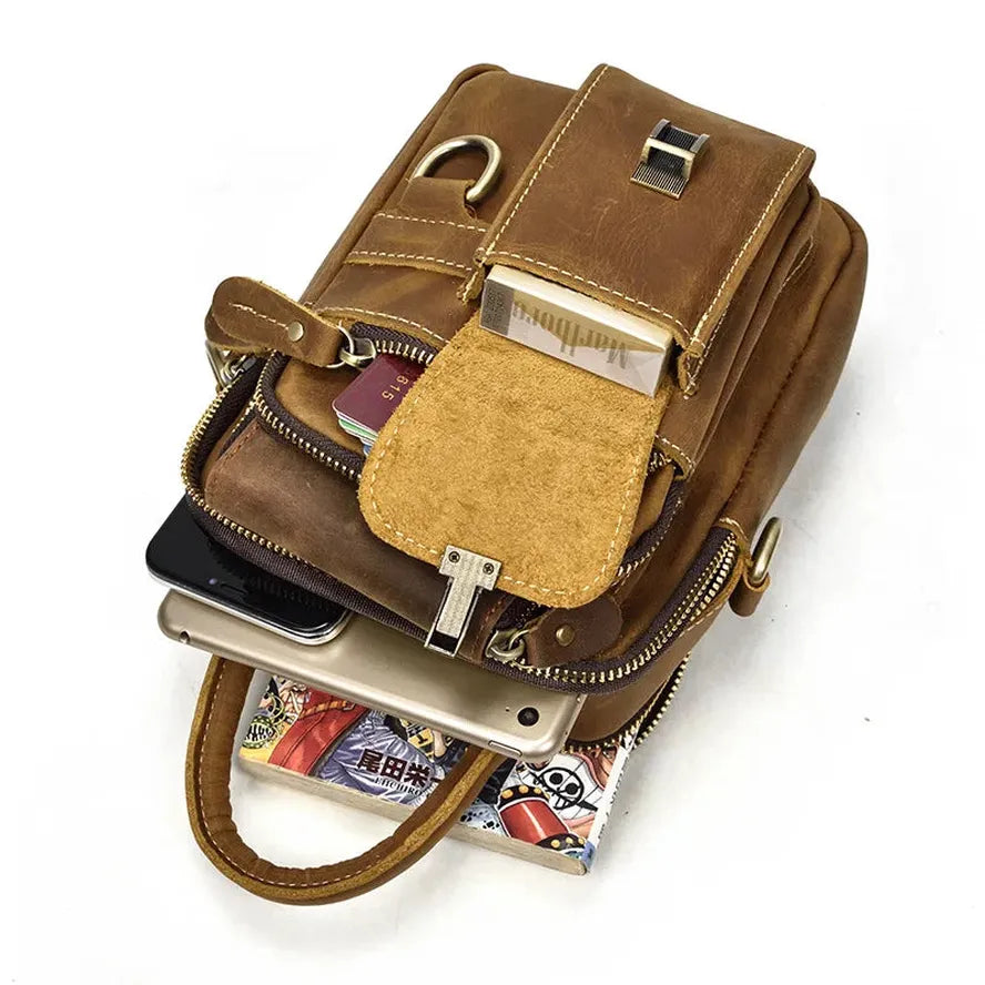KTX-217875 Retro Crazy Horse Leather Waist Bag for Men - Waterproof Messenger Shoulder Bag in Light/Dark Brown