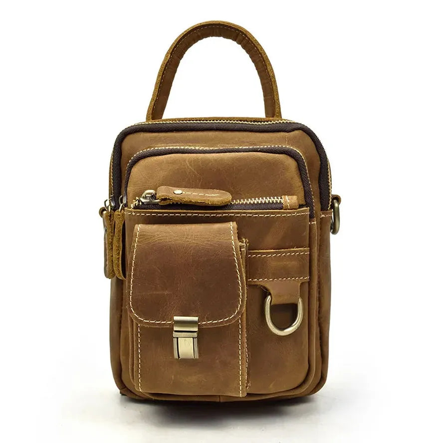 KTX-217875 Retro Crazy Horse Leather Waist Bag for Men - Waterproof Messenger Shoulder Bag in Light/Dark Brown