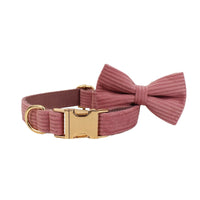 HKM-063059 Corduroy Dog Collar and Leash Set with Bow and Accessories - Five-Piece Pet Essentials