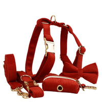 HKM-063059 Corduroy Dog Collar and Leash Set with Bow and Accessories - Five-Piece Pet Essentials