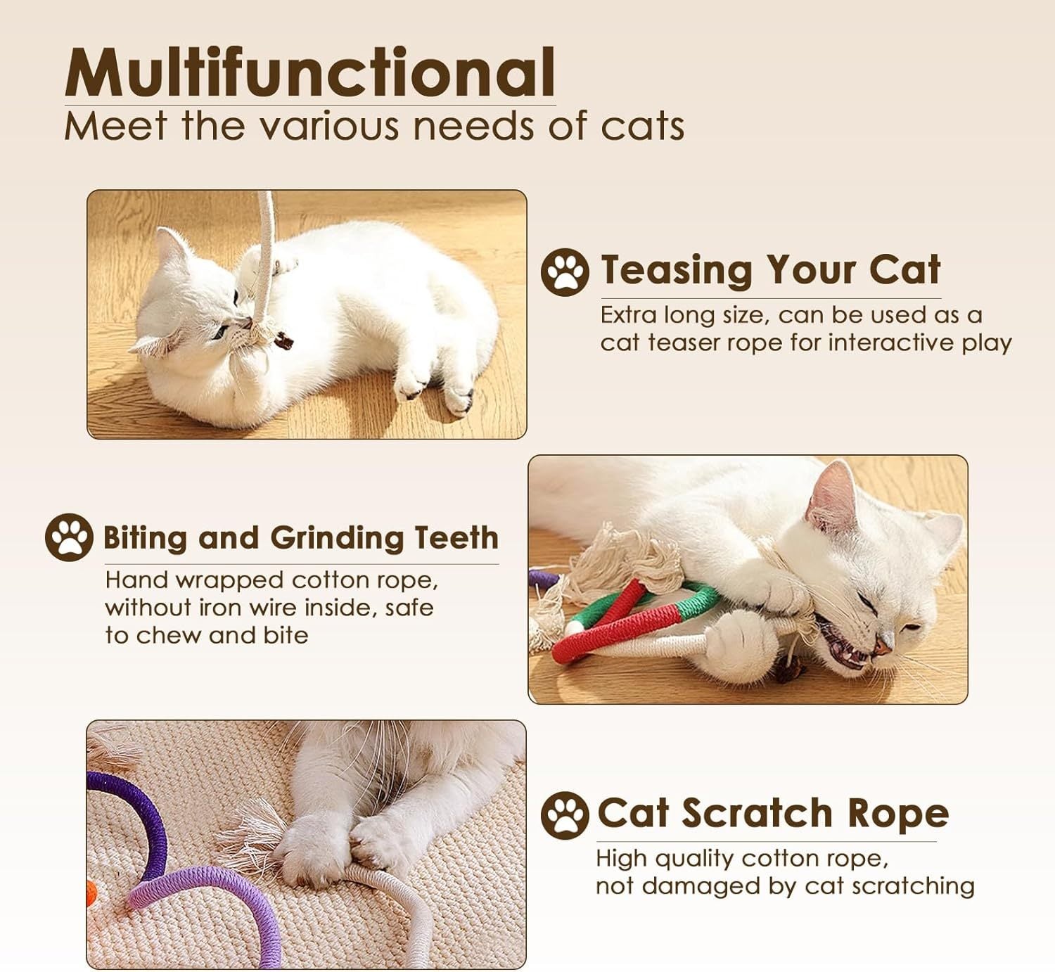 HKM-190995 Interactive Cotton Rope Cat Toy with Silvervine Fruit for Healthy Chewing and Dental Care, 27.6 Inches Long