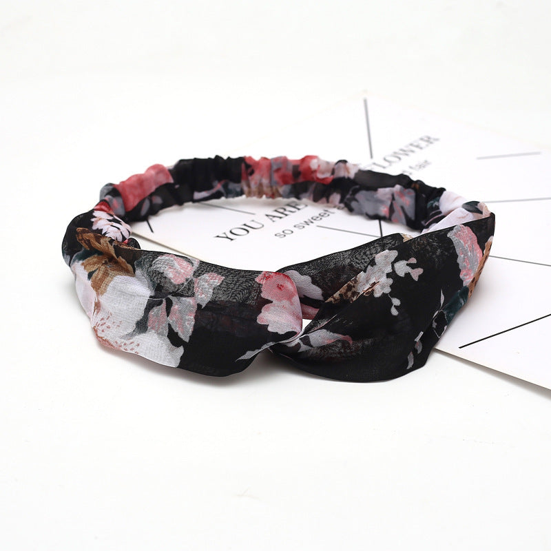 HKM-183635 Chiffon Silk Check Pattern Headband for Women