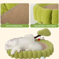 HKM-332243 Large Space Cat Scratching Post and Lounge, Hand Woven Sisal with Teddy Velvet, Green 25.6 Inch Tree Design, Non-Slip Base for Indoor Use