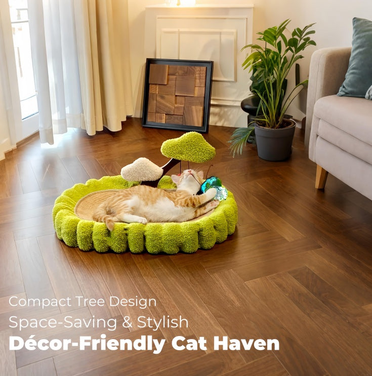 HKM-332243 Large Space Cat Scratching Post and Lounge, Hand Woven Sisal with Teddy Velvet, Green 25.6 Inch Tree Design, Non-Slip Base for Indoor Use
