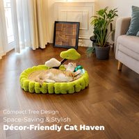HKM-332243 Large Space Cat Scratching Post and Lounge, Hand Woven Sisal with Teddy Velvet, Green 25.6 Inch Tree Design, Non-Slip Base for Indoor Use
