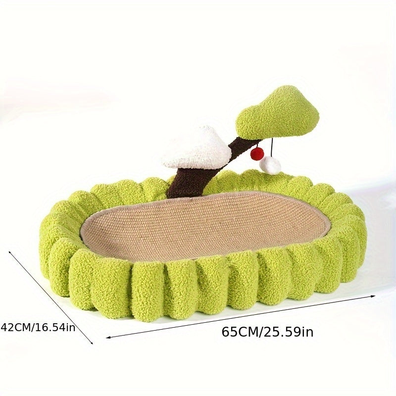 HKM-332243 Large Space Cat Scratching Post and Lounge, Hand Woven Sisal with Teddy Velvet, Green 25.6 Inch Tree Design, Non-Slip Base for Indoor Use