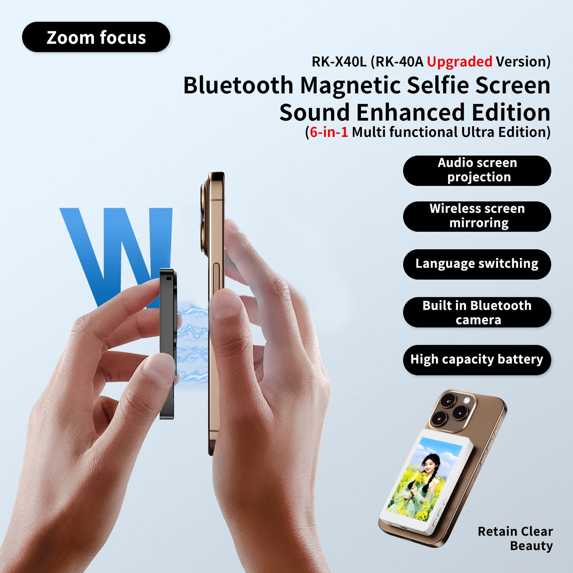 KTX-492307 Upgraded RK-X40L Mobile Selfie Screen Projector with Audio, Focusing Feature, and Built-in Camera Button