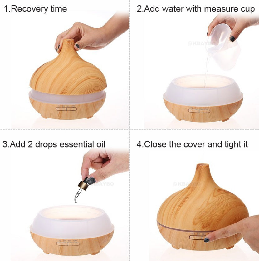 HKM-094931 Wood Grain Ultrasonic Aromatherapy Humidifier with Adjustable Mist & LED Light