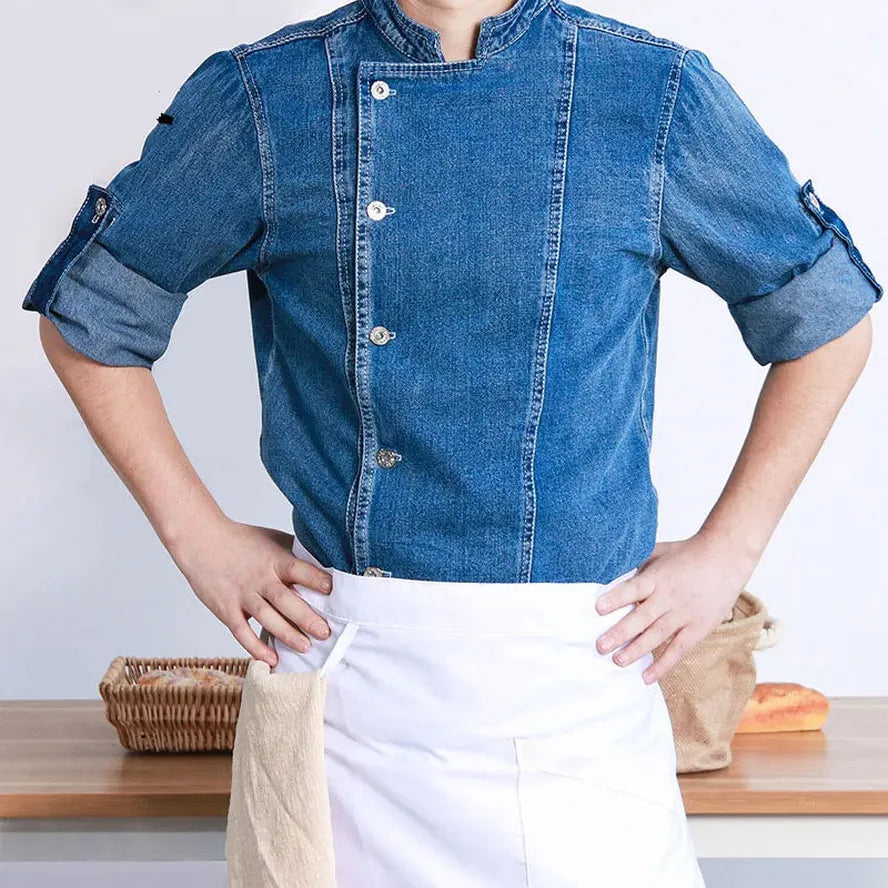 KTX-389587 Men's Summer Chef Overalls with Printed Logo for Restaurant Use - Long Sleeves, Eco-Friendly Materials, Various Colours Available