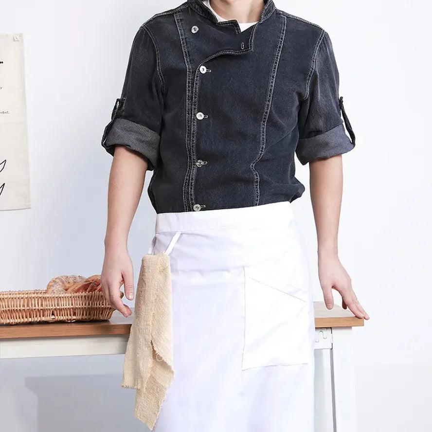 KTX-389587 Men's Summer Chef Overalls with Printed Logo for Restaurant Use - Long Sleeves, Eco-Friendly Materials, Various Colours Available