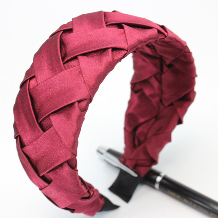 HKM-015187 Wide-Brimmed Faux Silk Plaid Satin Headband for Women