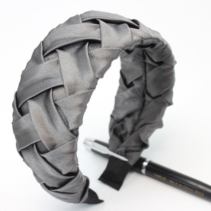 HKM-015187 Wide-Brimmed Faux Silk Plaid Satin Headband for Women