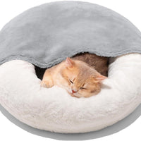 HKM-564755 Enclosed Cat Bed Cave with Washable Blanket & Non-Slip Base for Cats and Small Dogs, 22''x22'', White