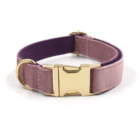 HKM-198419 Creamy Coffee Velvet Dog Collar and Leash Set in Pink and Purple with Gold Buckle