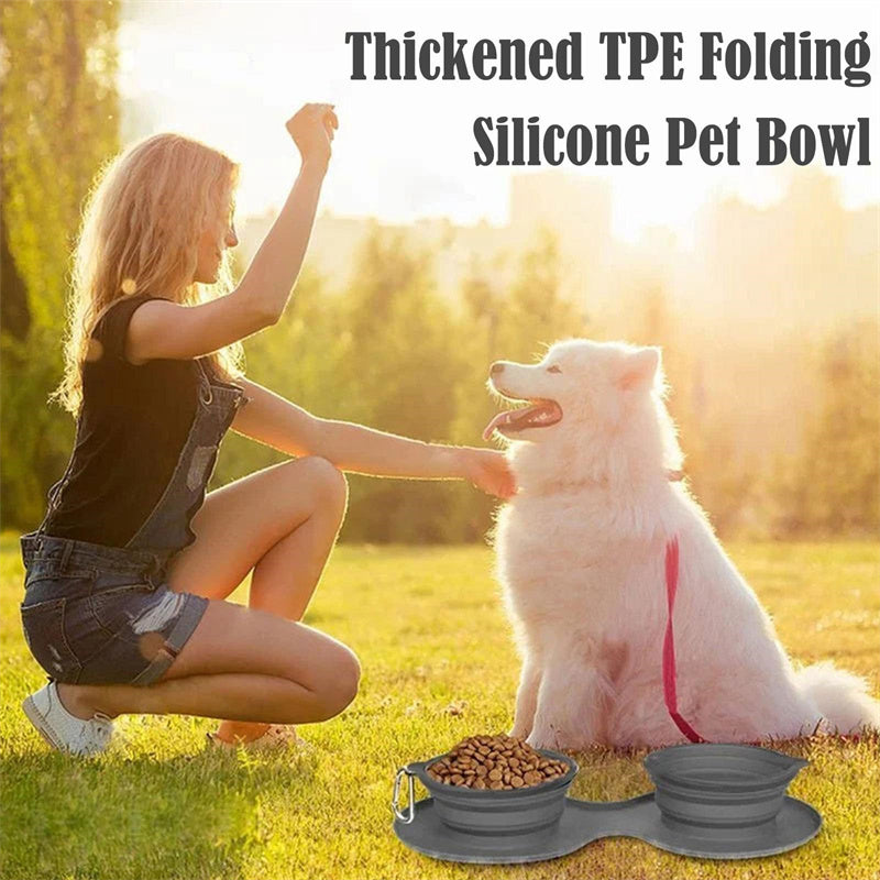 JMT-789002 Foldable Double Bowl Pet Feeding Set - Non-Skid Silicone Mat for Dogs & Cats - Portable, Easy to Clean
