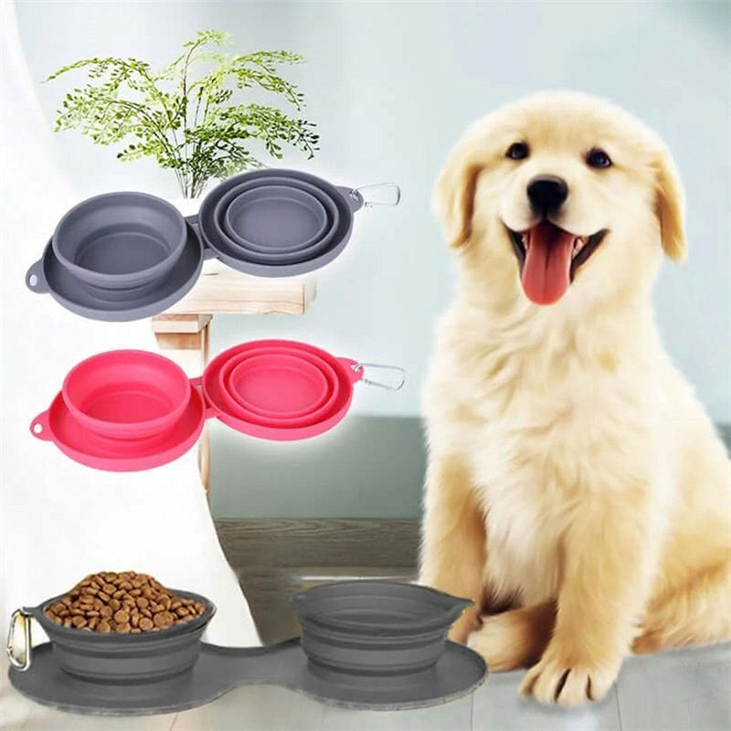 JMT-789002 Foldable Double Bowl Pet Feeding Set - Non-Skid Silicone Mat for Dogs & Cats - Portable, Easy to Clean