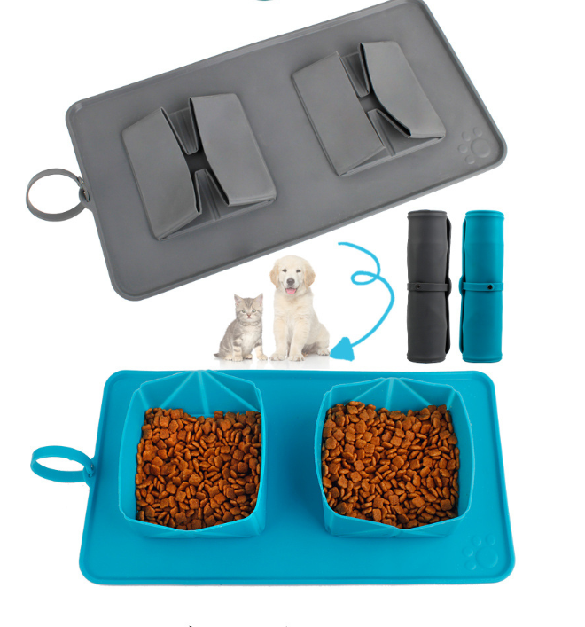 HKM-232147 Collapsible Velvet Bag with Double Bowls for Dogs