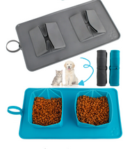 HKM-232147 Collapsible Velvet Bag with Double Bowls for Dogs