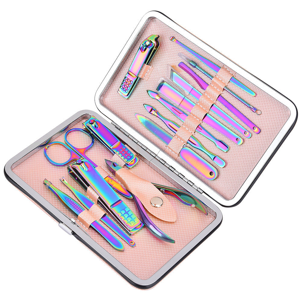 HKM-050003 15-Piece Stainless Steel Manicure Tool Set in Vibrant Colors for Adults