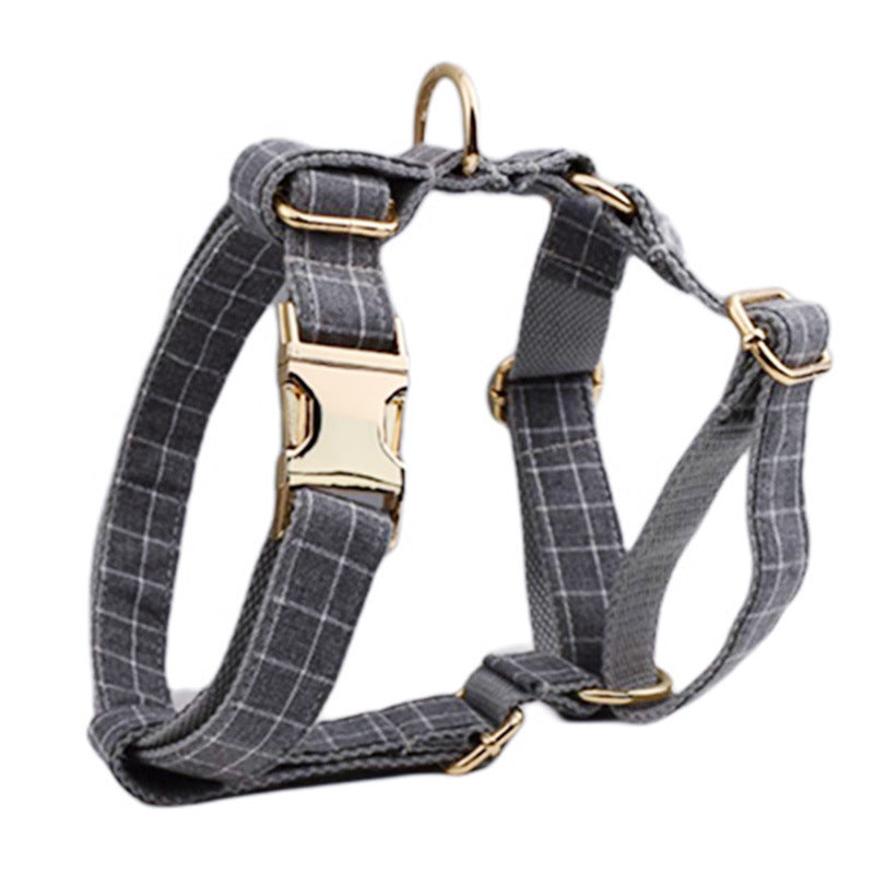 HKM-735059 Gray Plaid Flannel Pet Five-Piece Set with Collar, Leash, Bow, Vest, and Poop Bag