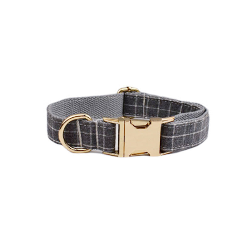 HKM-735059 Gray Plaid Flannel Pet Five-Piece Set with Collar, Leash, Bow, Vest, and Poop Bag