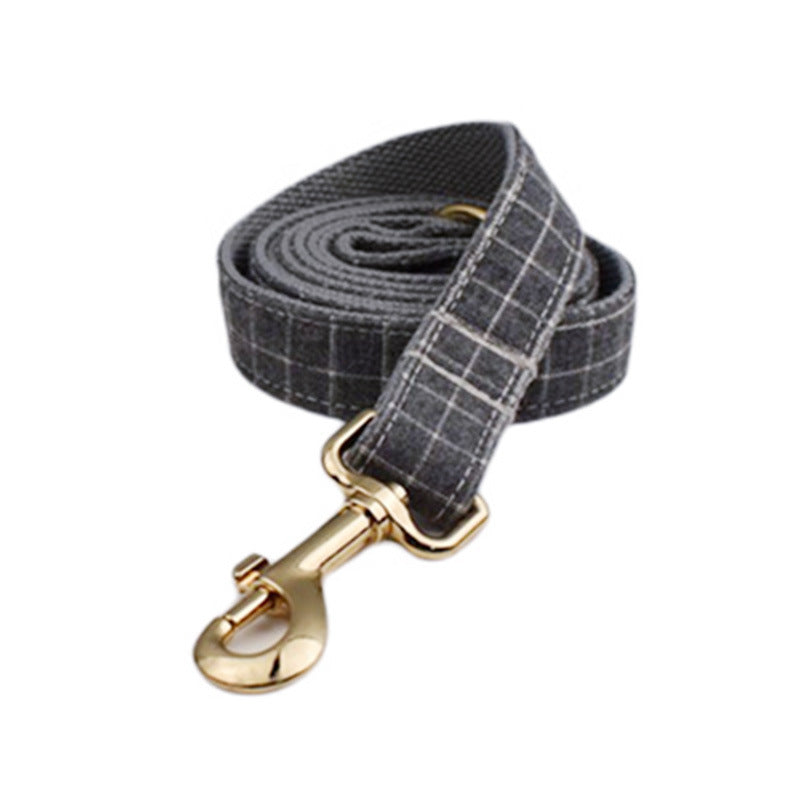 HKM-735059 Gray Plaid Flannel Pet Five-Piece Set with Collar, Leash, Bow, Vest, and Poop Bag