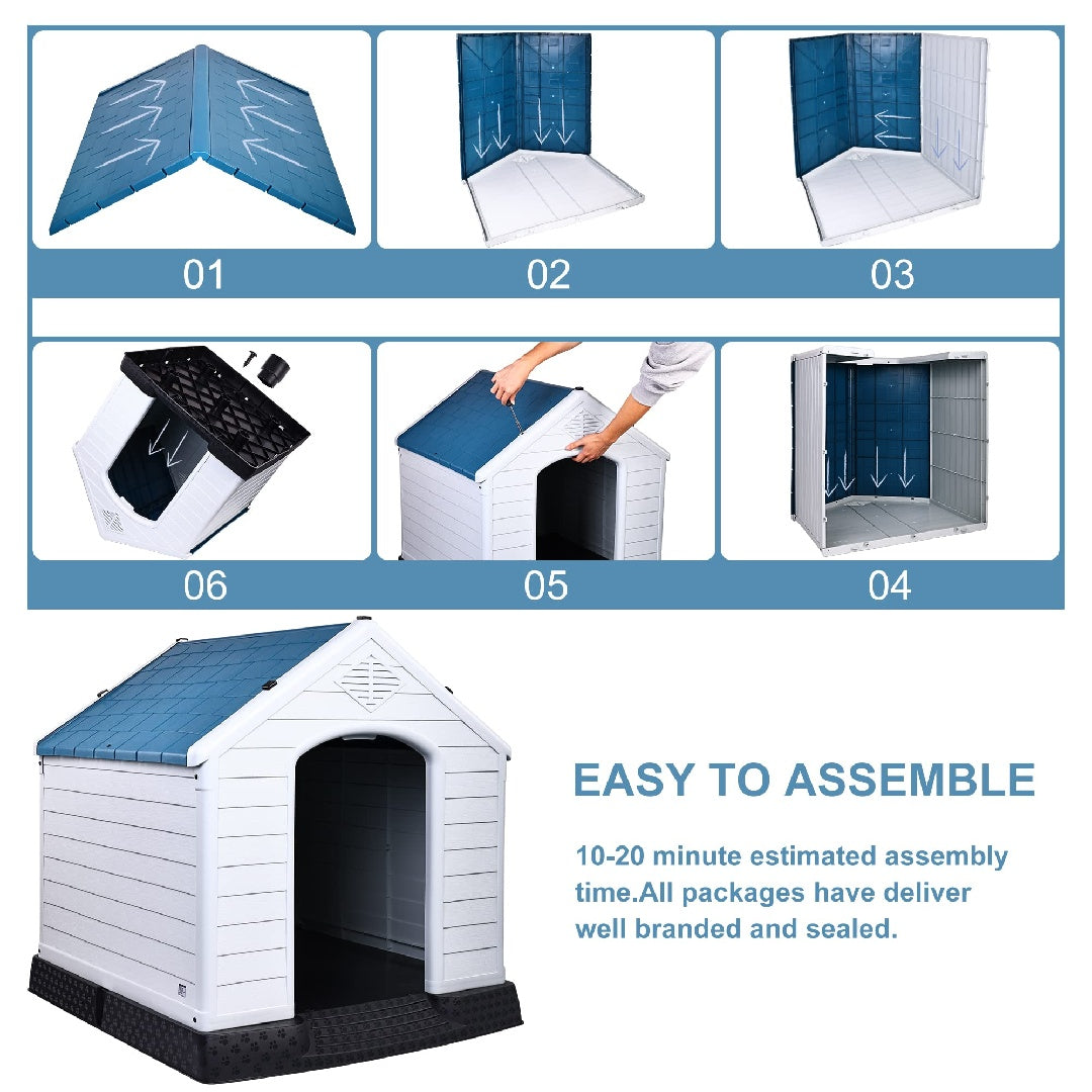 HKM-727763 Durable Insulated Plastic Dog House with Elevated Floor and Ventilation for Small to Large Dogs - 29 Inch, Blue