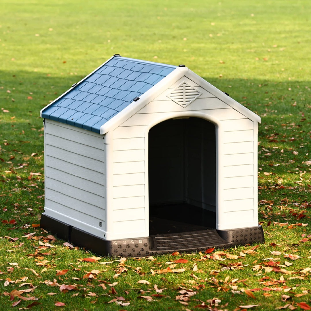 HKM-727763 Durable Insulated Plastic Dog House with Elevated Floor and Ventilation for Small to Large Dogs - 29 Inch, Blue