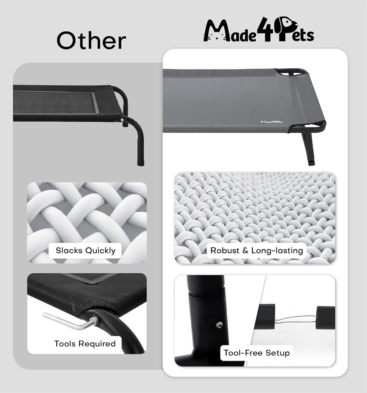 HKM-152595 Elevated Large Dog Outdoor Bed with Adjustable Buckle Legs, Washable Mesh Cover, Non-Slip Feet, Durable, Indoor & Outdoor Use