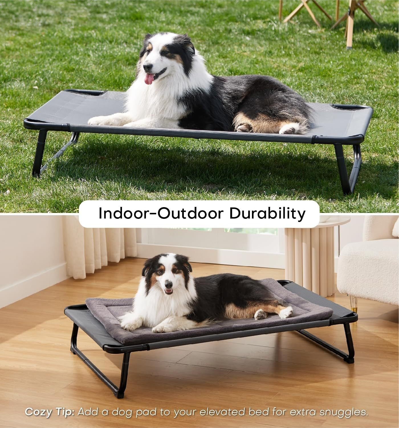 HKM-152595 Elevated Large Dog Outdoor Bed with Adjustable Buckle Legs, Washable Mesh Cover, Non-Slip Feet, Durable, Indoor & Outdoor Use