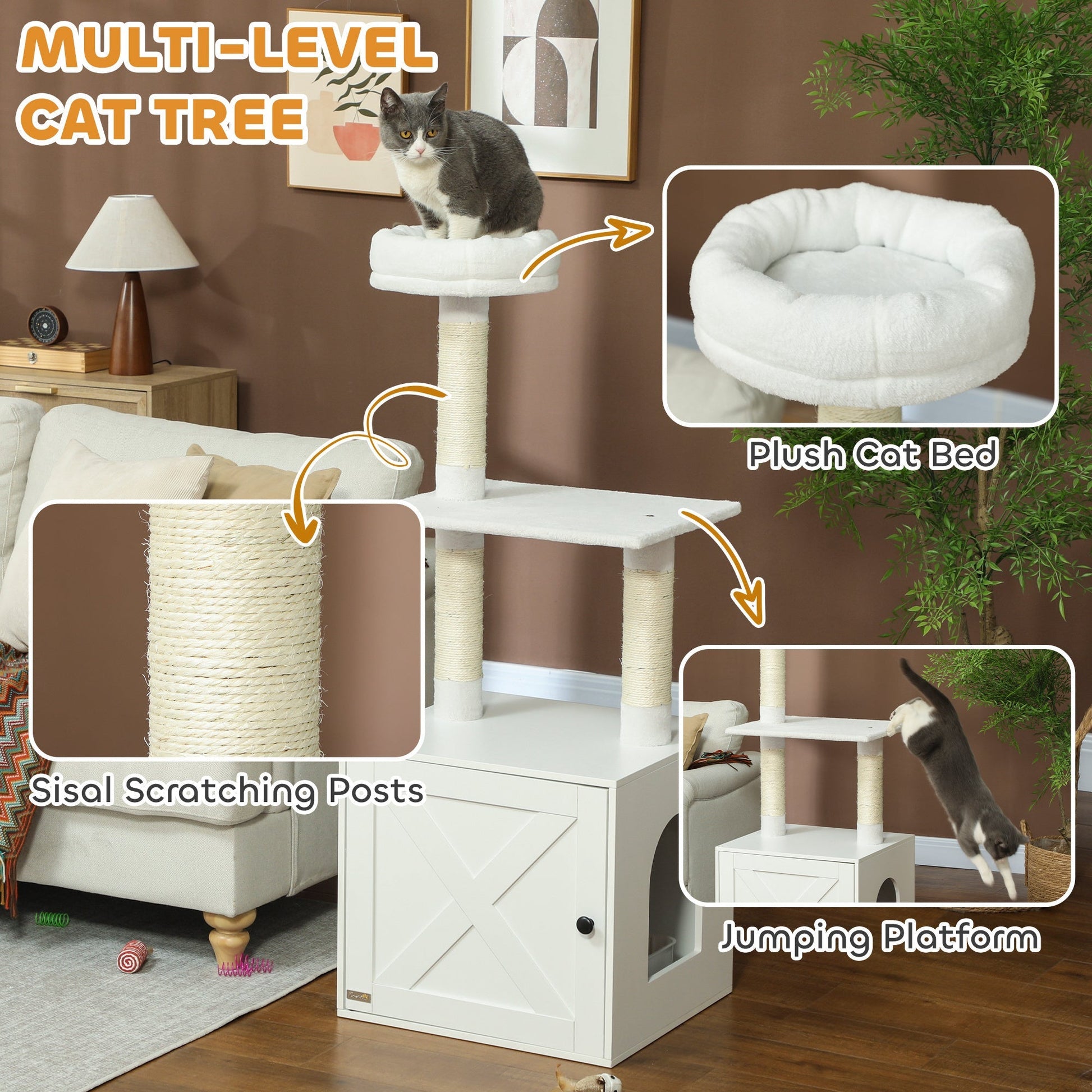 HKM-479123 Space-Saving Indoor Cat Tree with Litter Box Enclosure, Scratching Posts, and Climbing Platforms in White