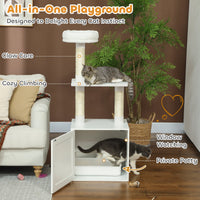HKM-479123 Space-Saving Indoor Cat Tree with Litter Box Enclosure, Scratching Posts, and Climbing Platforms in White