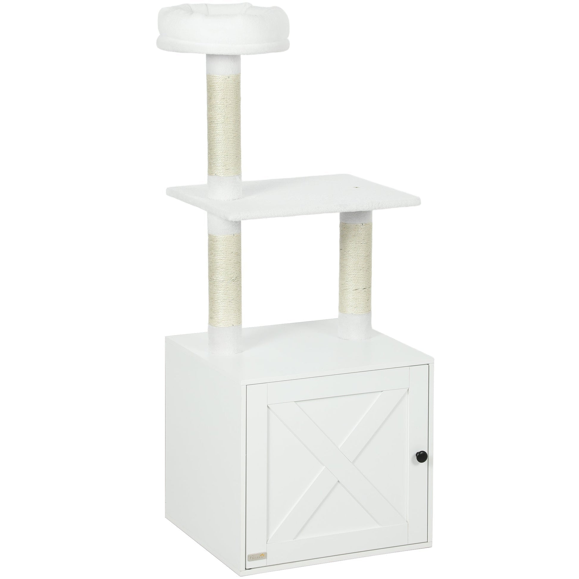 HKM-479123 Space-Saving Indoor Cat Tree with Litter Box Enclosure, Scratching Posts, and Climbing Platforms in White