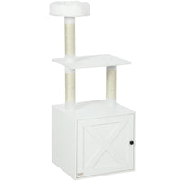 HKM-479123 Space-Saving Indoor Cat Tree with Litter Box Enclosure, Scratching Posts, and Climbing Platforms in White