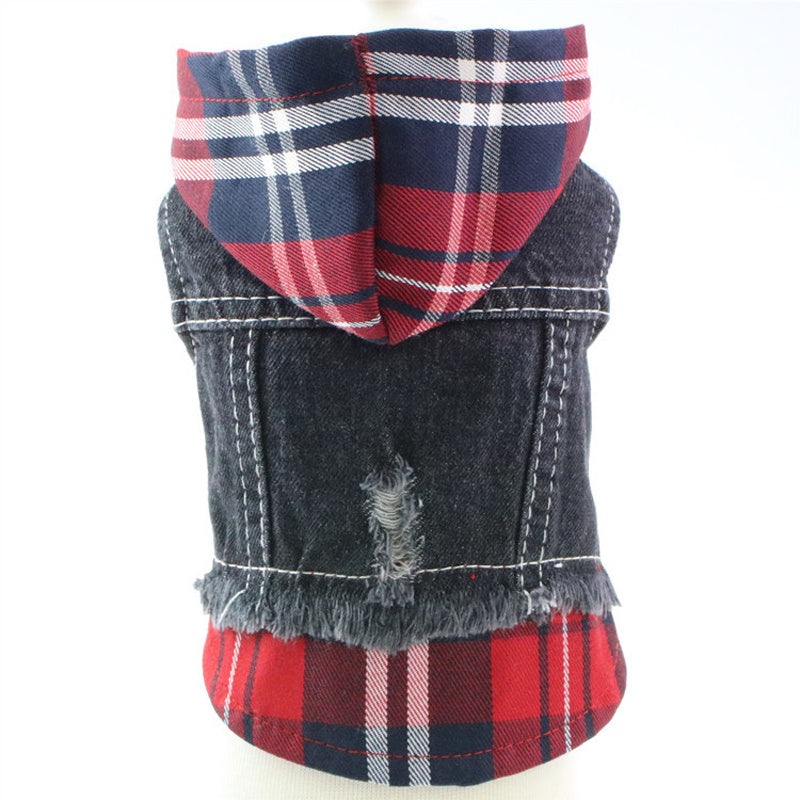 HKM-444115 Denim Vest Dress for Dogs - Casual Red and Blue Plaid Options in Various Sizes
