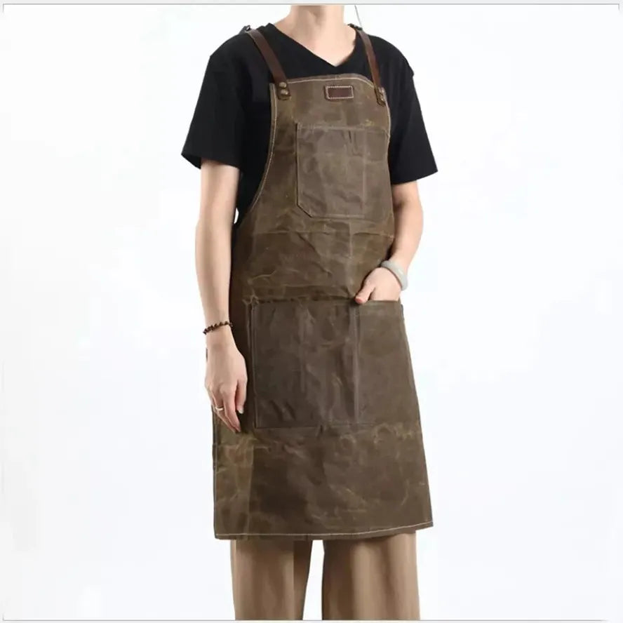 KTX-651731 Oil Wax Canvas and Leather Garden Apron for Outdoor Work and Barbecue
