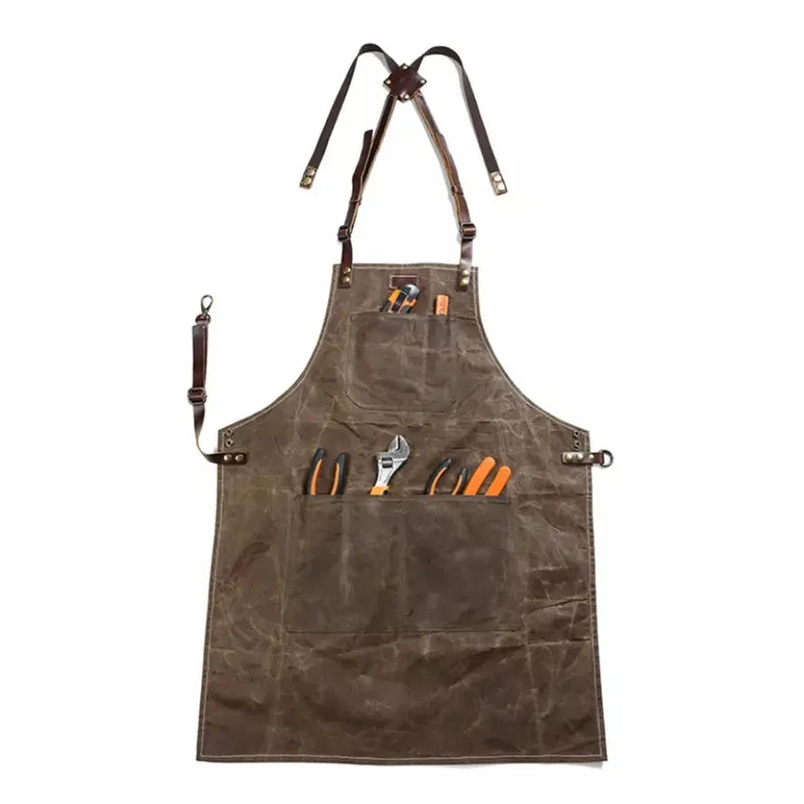 KTX-651731 Oil Wax Canvas and Leather Garden Apron for Outdoor Work and Barbecue