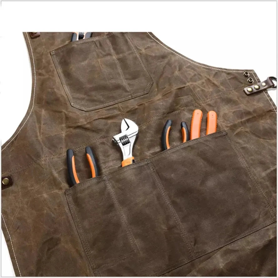 KTX-651731 Oil Wax Canvas and Leather Garden Apron for Outdoor Work and Barbecue