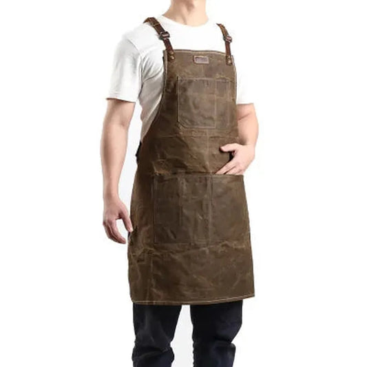 KTX-651731 Oil Wax Canvas and Leather Garden Apron for Outdoor Work and Barbecue