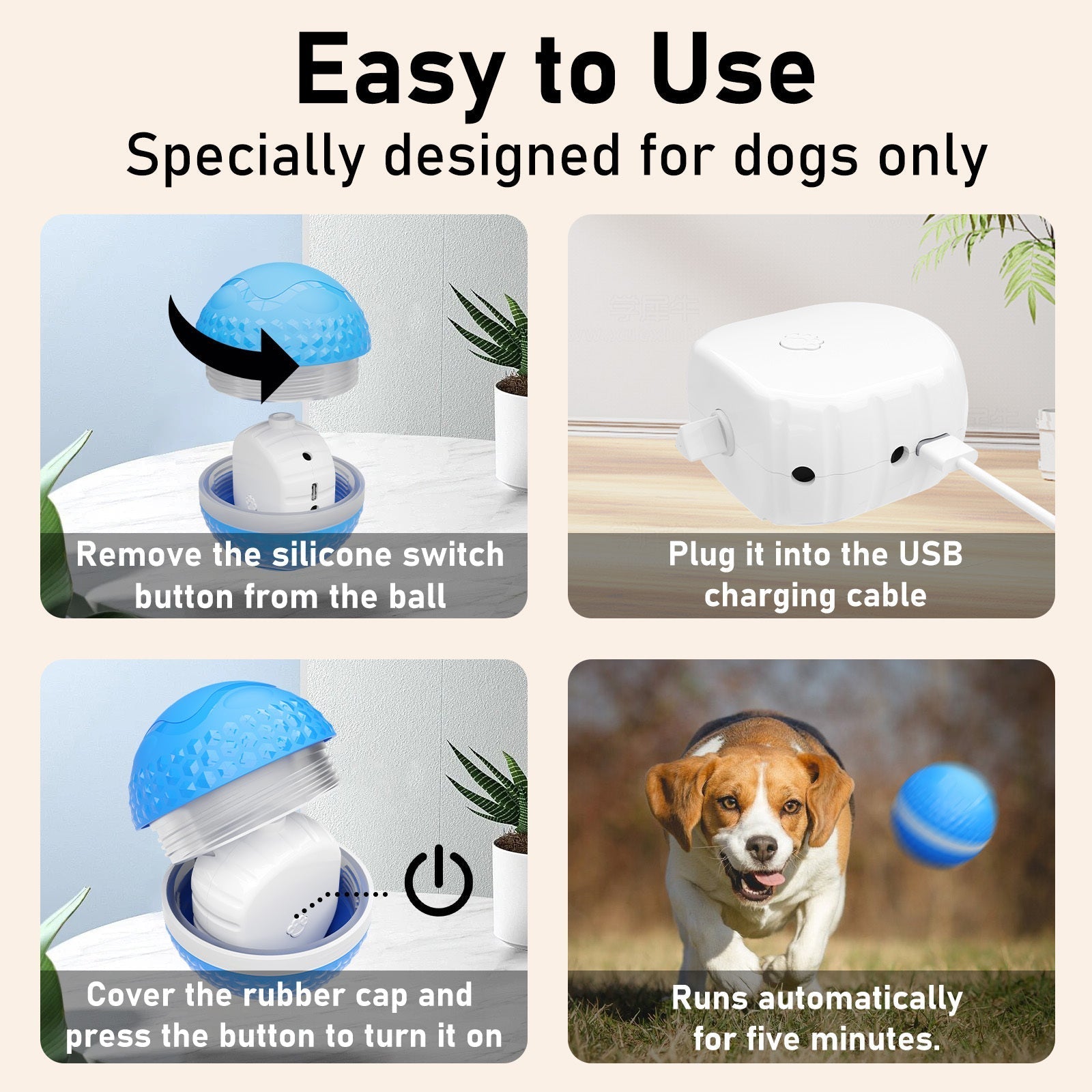 HKM-133203 Interactive Automatic Moving Dog Ball Toy with Lighting Modes for Medium and Large Dogs, Timer & Touch Activated, USB Rechargeable for Enrichment & Stimulation