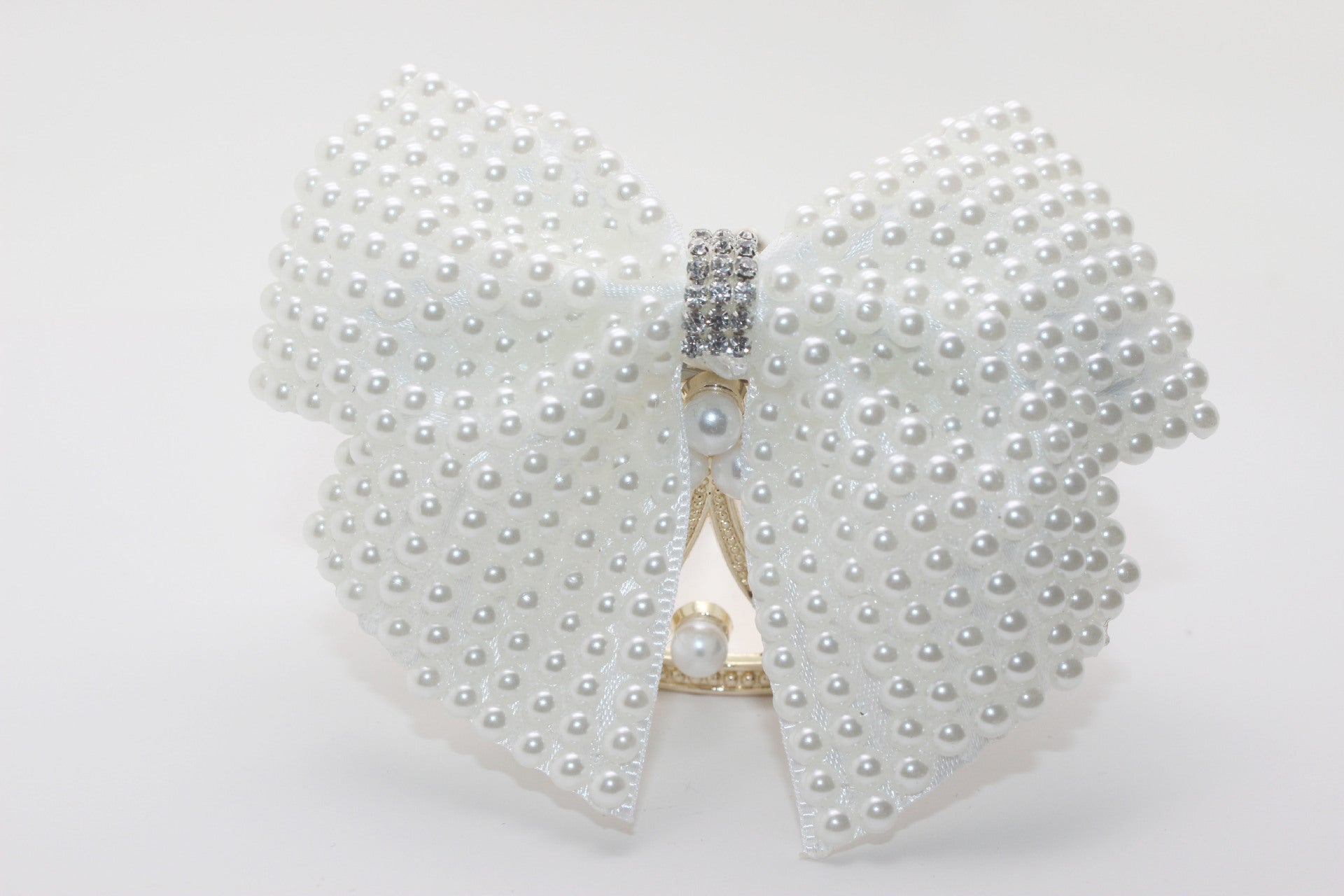 HKM-932691 Pearl Bow Hair Clip with White Crystal Accent for Women