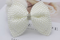 HKM-932691 Pearl Bow Hair Clip with White Crystal Accent for Women