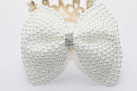 HKM-932691 Pearl Bow Hair Clip with White Crystal Accent for Women