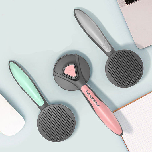 HKM-081043 Pet Floating Hair Combing Brush - Ergonomic Handle in Mint Green, Cherry Blossom Powder, and Gentleman Grey