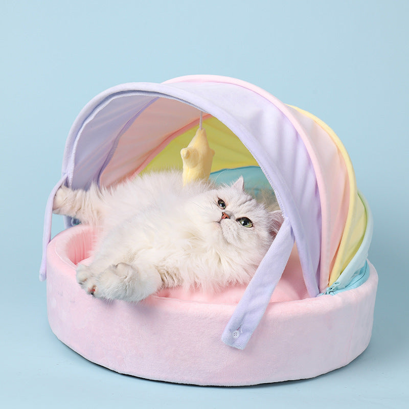 HKM-738643 Rainbow Dual-Purpose Pet Bed - Soft Plush and PP Cotton Sleeping Mat for Cats and Small Pets