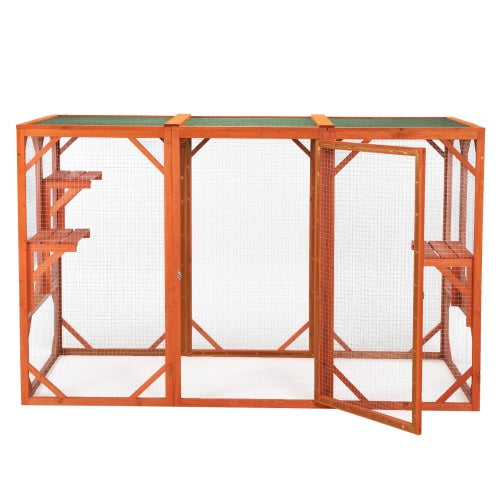 HKM-776339 Wooden Outdoor Cat House with Waterproof Asphalt Board and Spacious Cat Cage, Orange